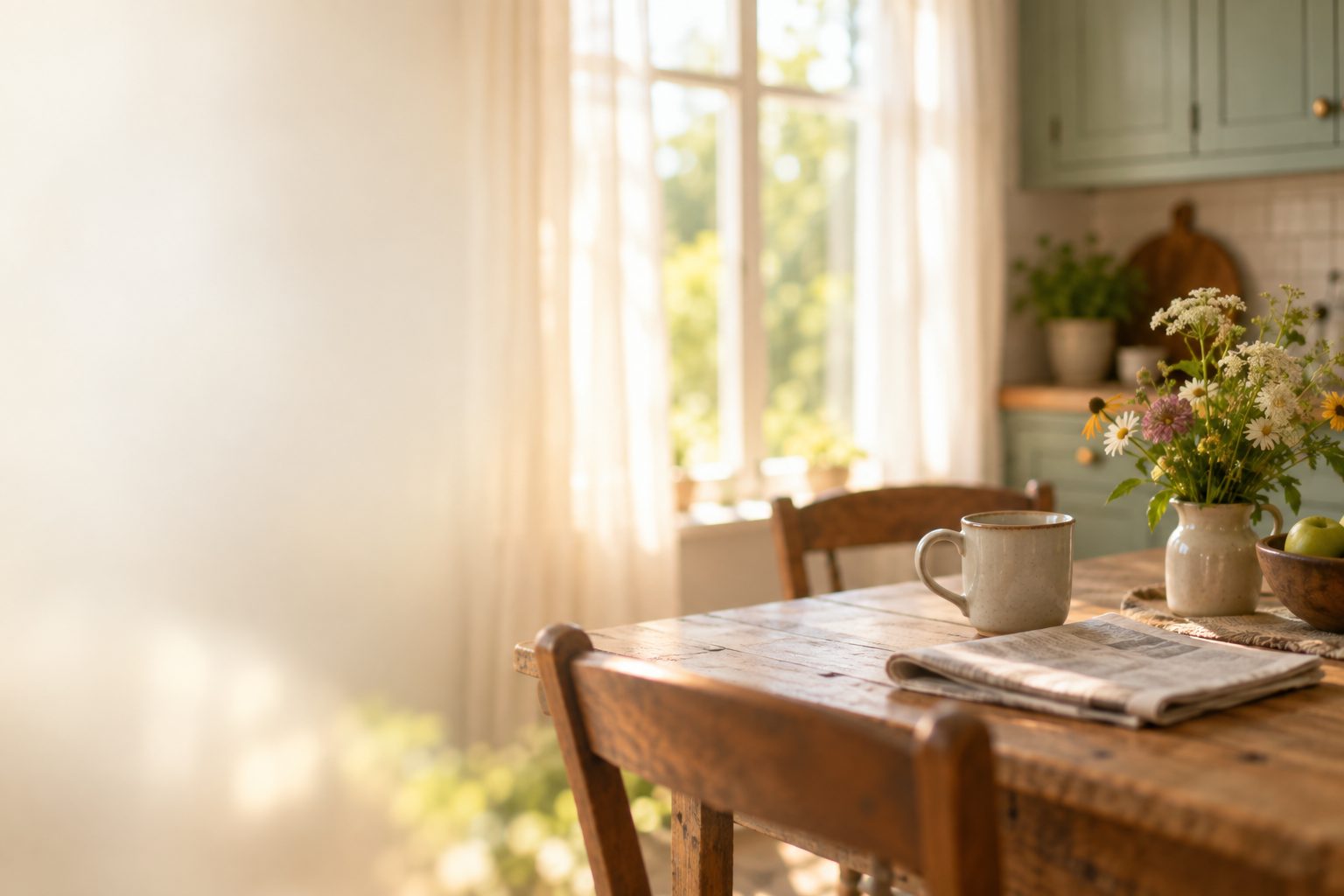 A sunlit kitchen with a wooden table, a mug and a folded newspaper.