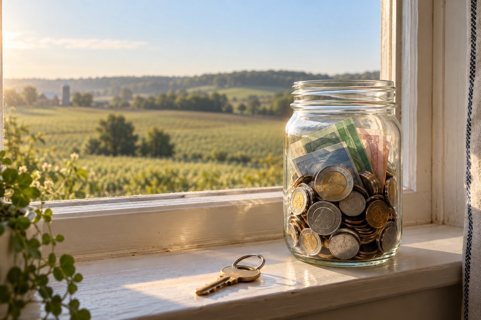 A glass jar of coins and banknotes on a sunny windowsill, with a house key beside it and farm fields outside.