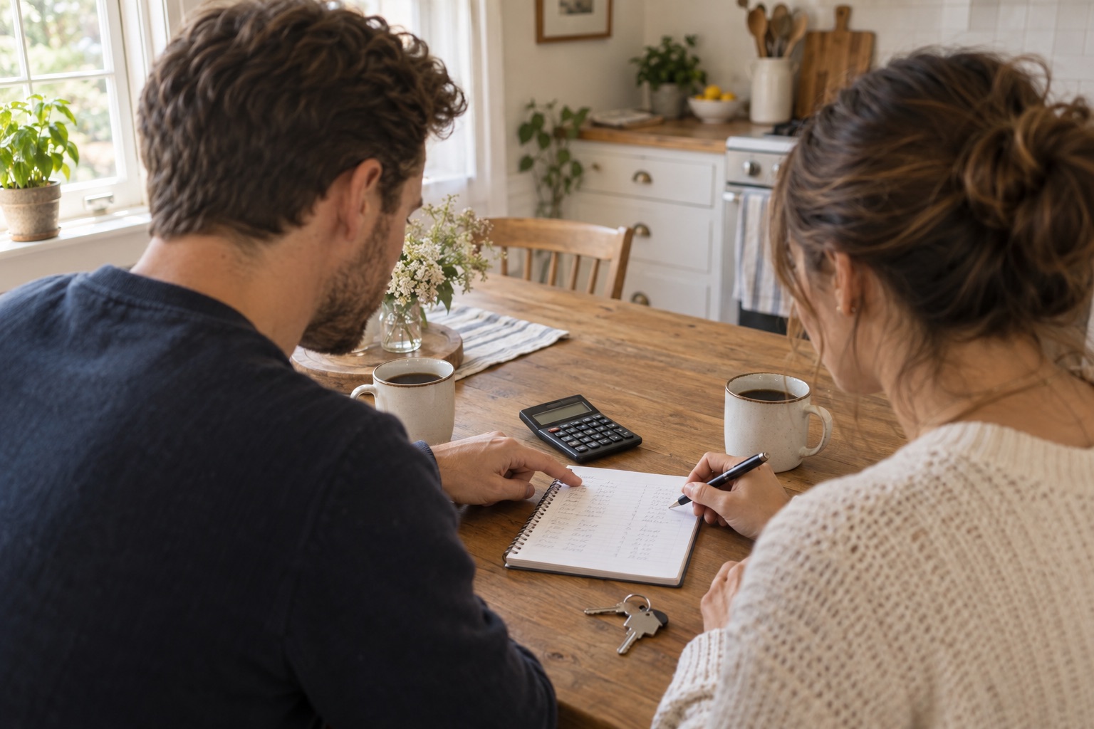 Couple at a kitchen table working out closing costs with a calculator, notepad and house keys.