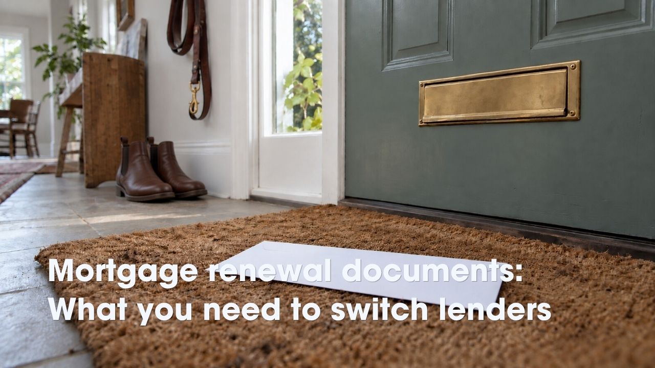 A white envelope lying on a coir doormat inside a green front door with a brass letter slot.
