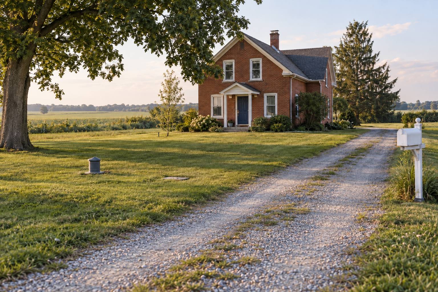 Red-brick farmhouse with a navy door at the end of a gravel driveway, with a well cap and septic lid in the front lawn and farm fields behind.
