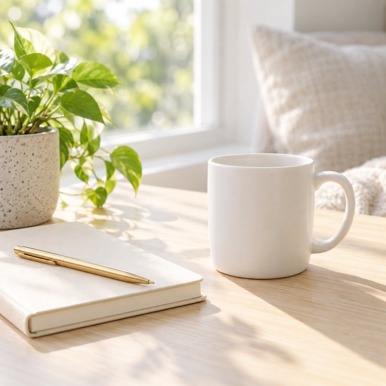 A gold pen resting on a notebook beside a white mug and plant.