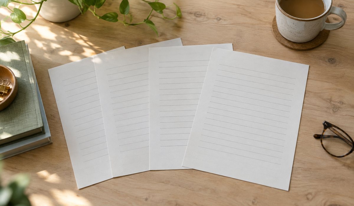 Several pages laid side by side on a wooden table beside a cup of coffee and a pair of glasses.