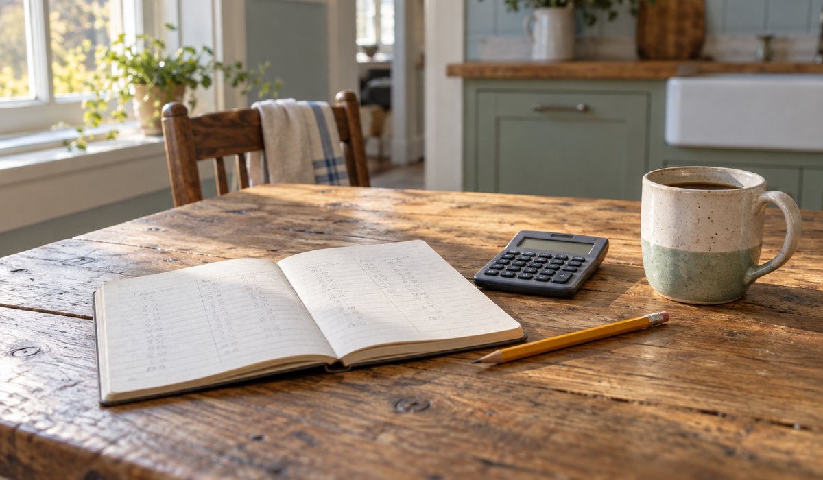 An open notebook, a pencil and a calculator on a wooden kitchen table beside a mug.