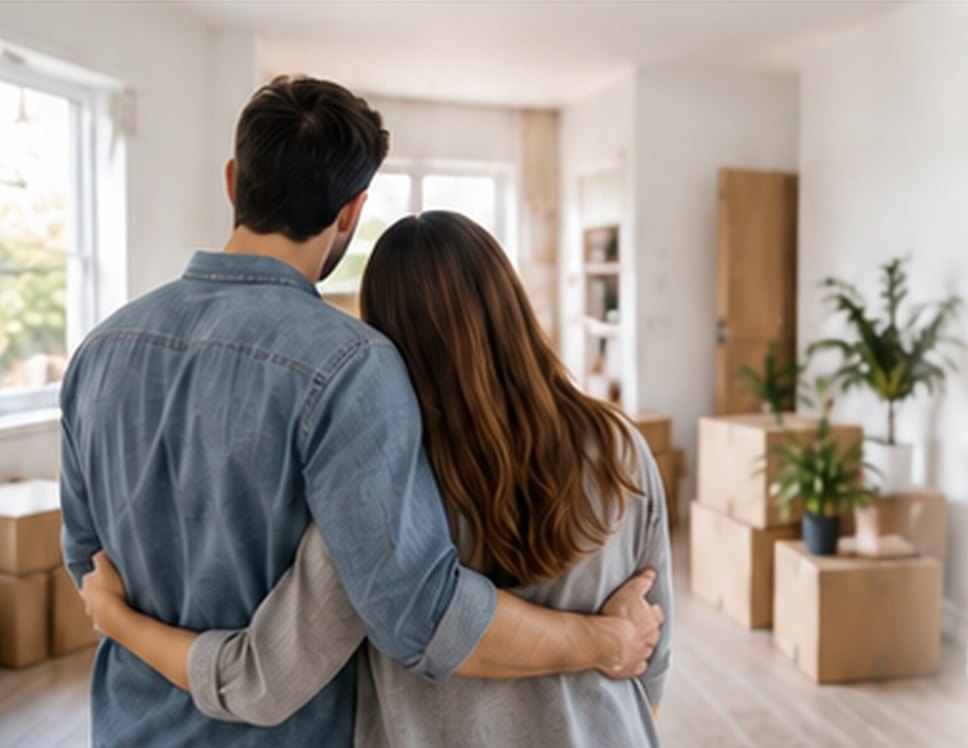 A couple standing together in a bright home with moving boxes
