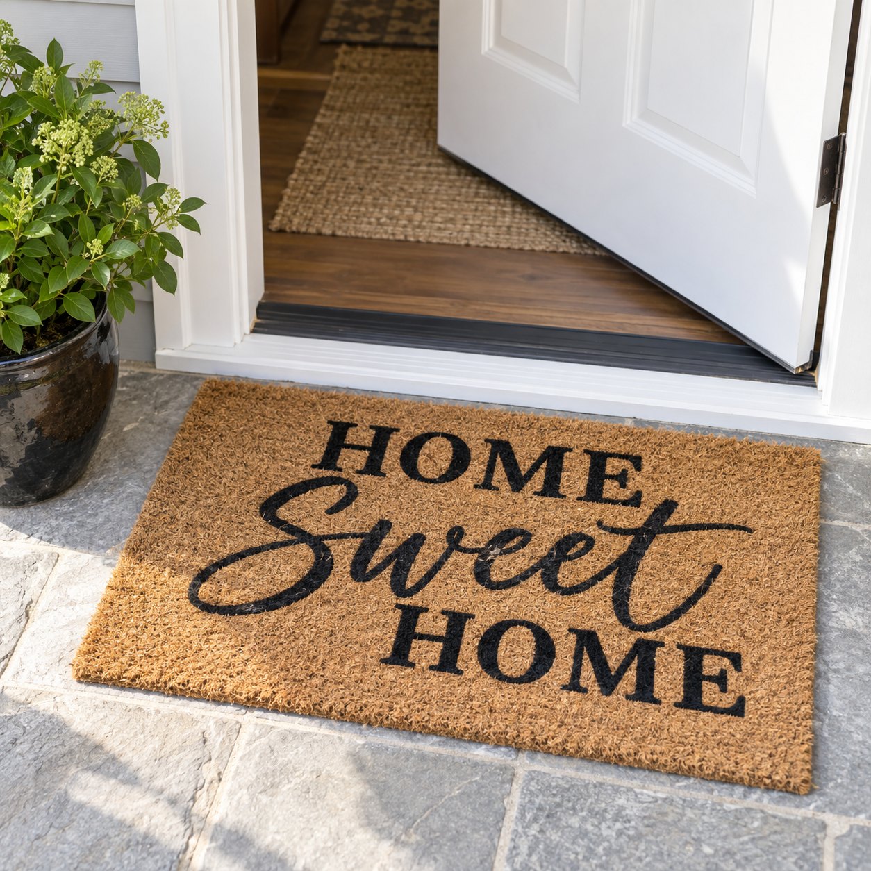 A coir doormat on the step of an open front door, with a potted plant beside it