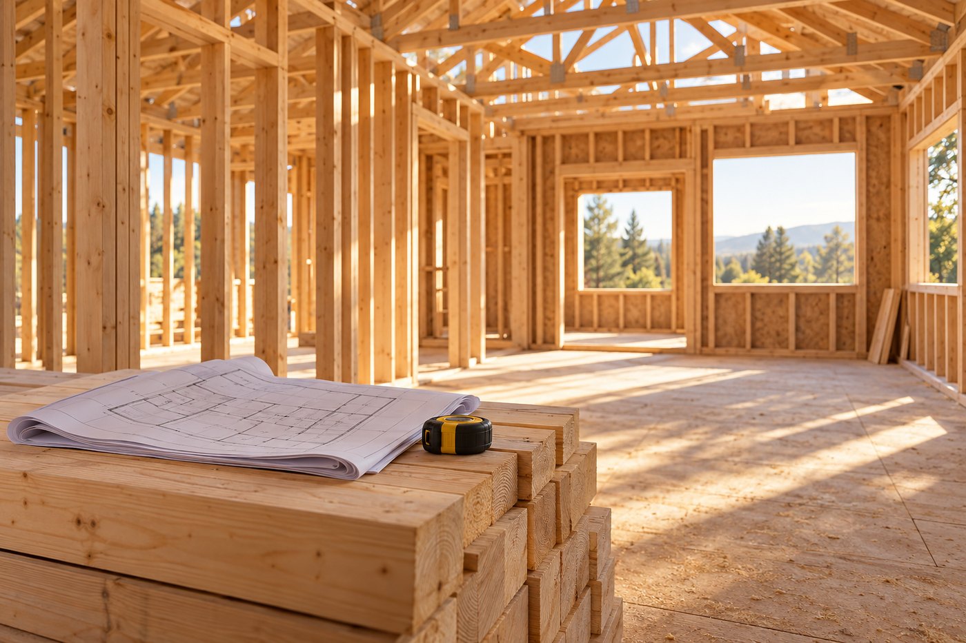The timber frame of a house under construction, with a folded set of plans and a tape measure resting on a stack of lumber.