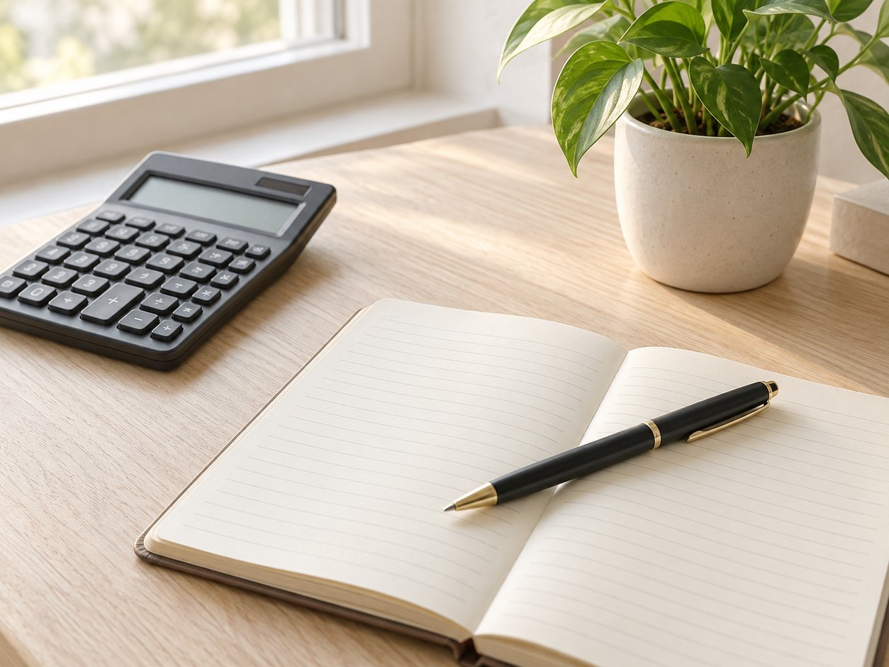 A calculator and pen resting on an open notebook beside a mug.