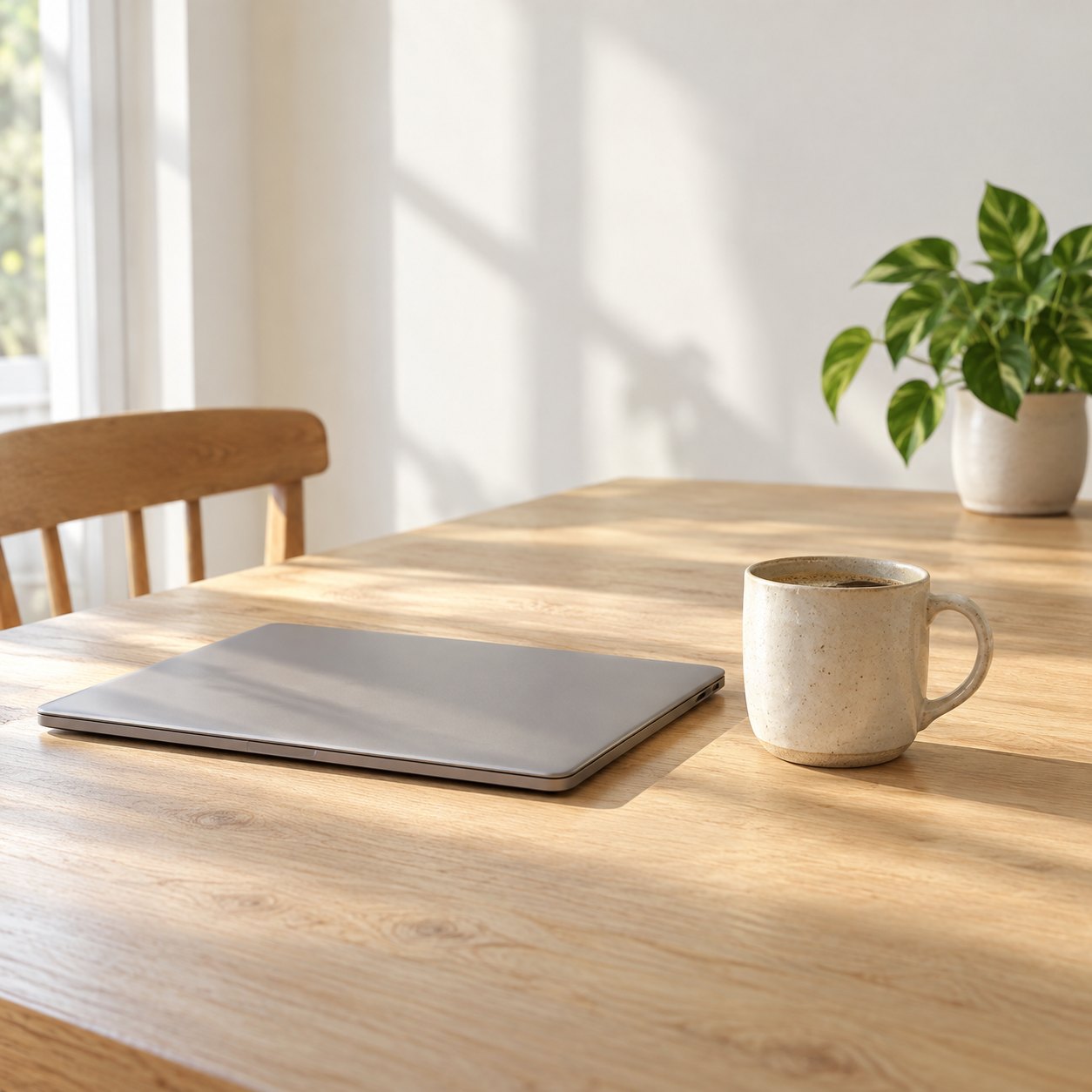 A closed laptop and a coffee mug on a sunlit wooden table.