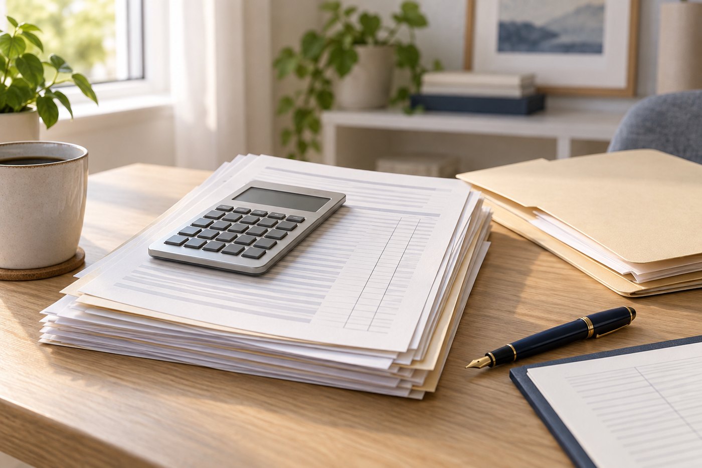 A tidy stack of business paperwork with a calculator resting on top, beside a folder and a pen on a sunlit desk.