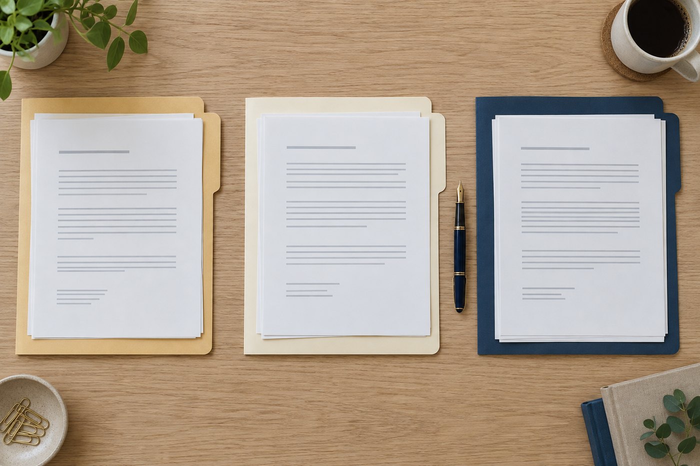 Three folders of paperwork laid side by side on a table, one manila, one cream and one navy.