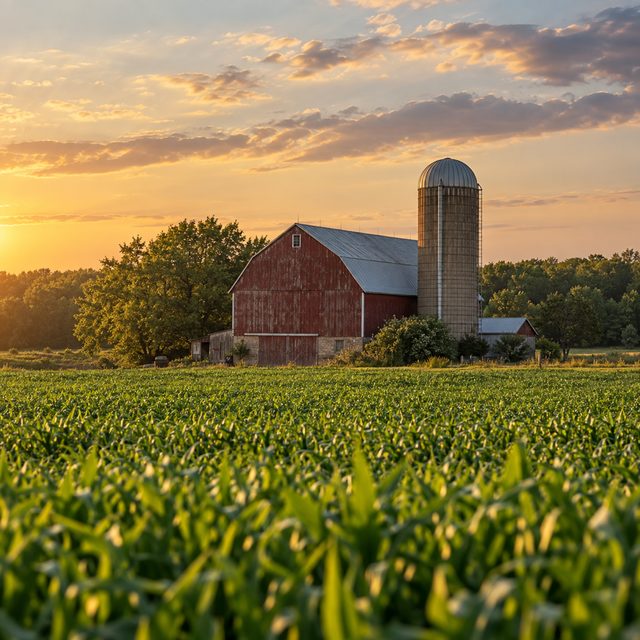 Red barn and silo beyond green farm fields at sunset.