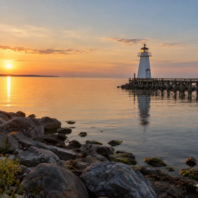 Lighthouse beside a rocky Lake Erie shoreline at sunset.